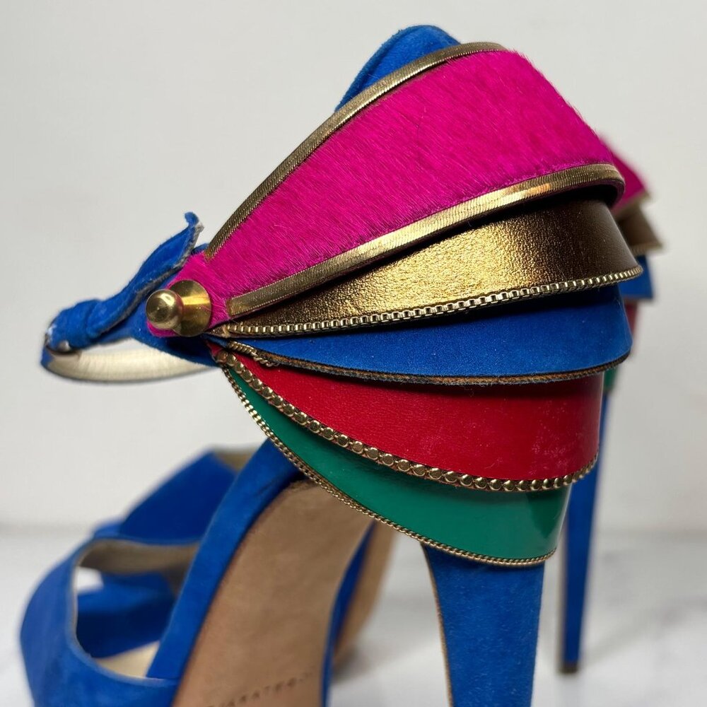 Brian Atwood TRIBECA Cuffed Blue Suede Platform Heels Multicolor Ankle Strap 37 - Picture 7 of 12